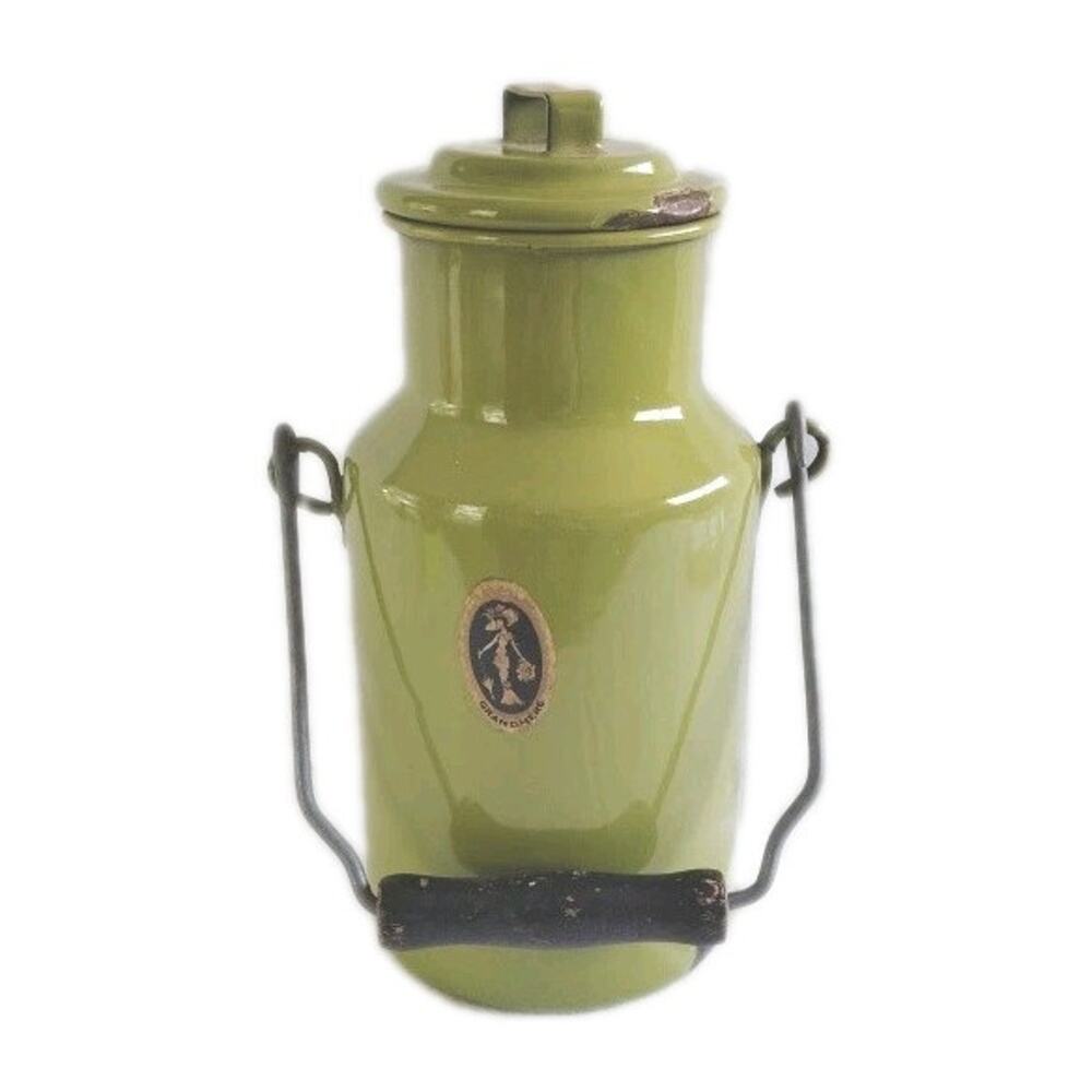 Vtg Grandmere Enamel Milk Can Container Avocado Green Wood Handle